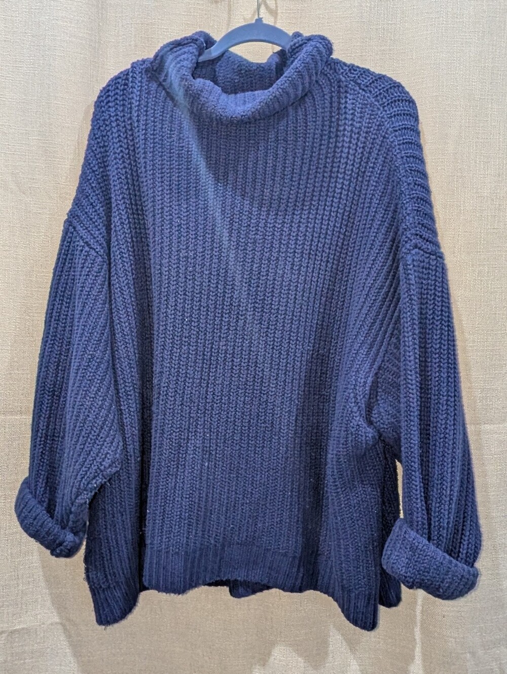 Free People Swim Too Deep Chunky Knit Oversized Navy Turtleneck Sweater  Size L